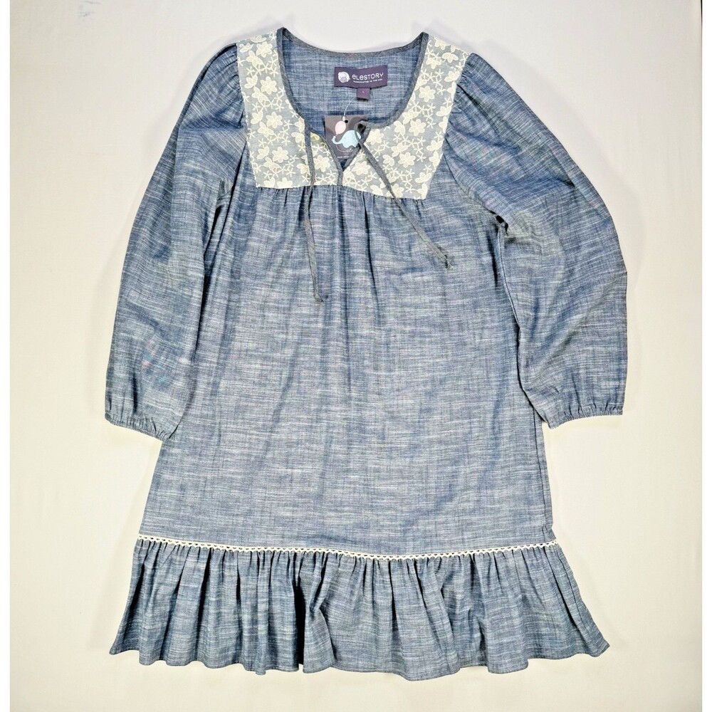 EleStory Chambray Boho Lace Dress Long Sleeve Ruffle Hem Blue NWT Size L